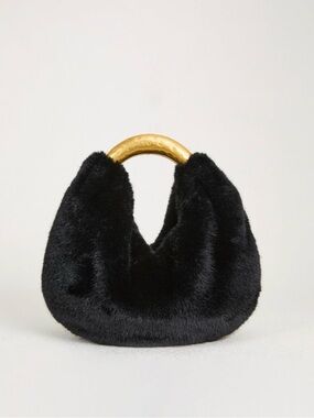 Plush Black Faux-Fur Hobo with Sculpted Gold Handle